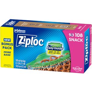 Ziploc Snack Bags with EasyGuide Texture, Small Plastic Storage Bags with Grip 'N Seal Technology, 108 Bags Total