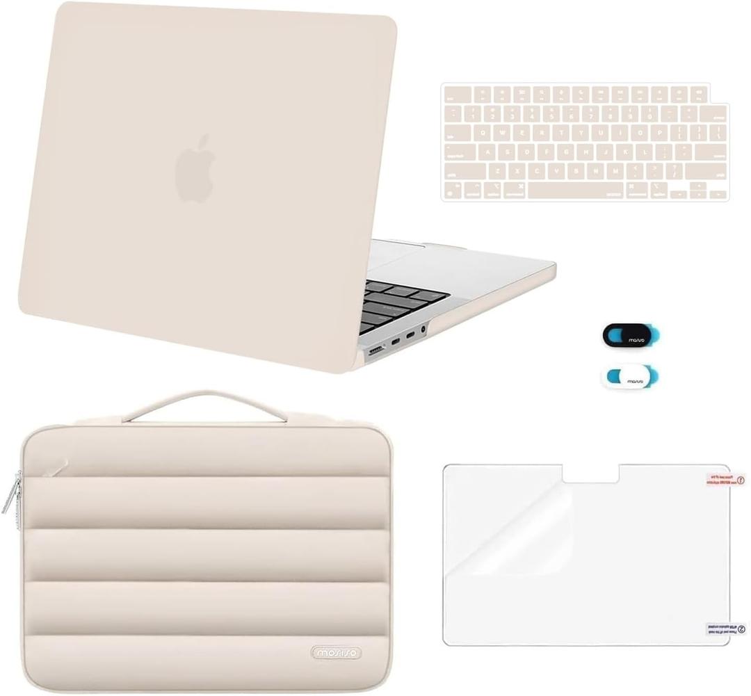 MOSISO Compatible with MacBook Pro 14 inch Case M5 2026 M4 M3 M2 M1 2025-2021 A3427 A3426 A3434 A3112 A3185 A3401 A2918 A2992 A2779 A2442, 5 in 1 Kit Plastic Hard Shell &Puffy Sleeve Bag, Sand