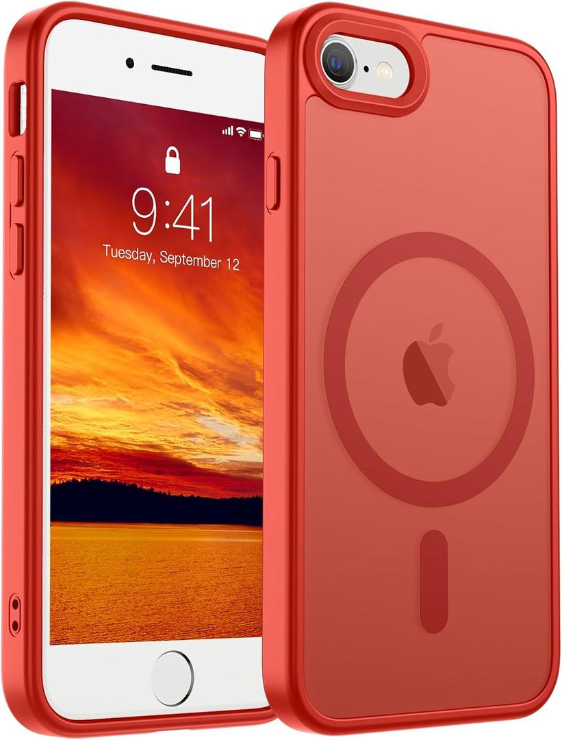 SUPFINE Magnetic for iPhone SE Case 2022 (3rd)/2020 (2nd), iPhone 8 Case (Compatible with MagSafe) (Military Grade Drop Protection) Slim Translucent Matte Phone Case,Red