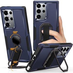Shields Up for Samsung Galaxy S24 Ultra Case with Stand (Two-Way Stand & Finger Strap), Galaxy S24 Ultra Phone Grip Case with Double Ring Holder, Heavy Duty Shockproof Cover for S24 Ultra, Blue