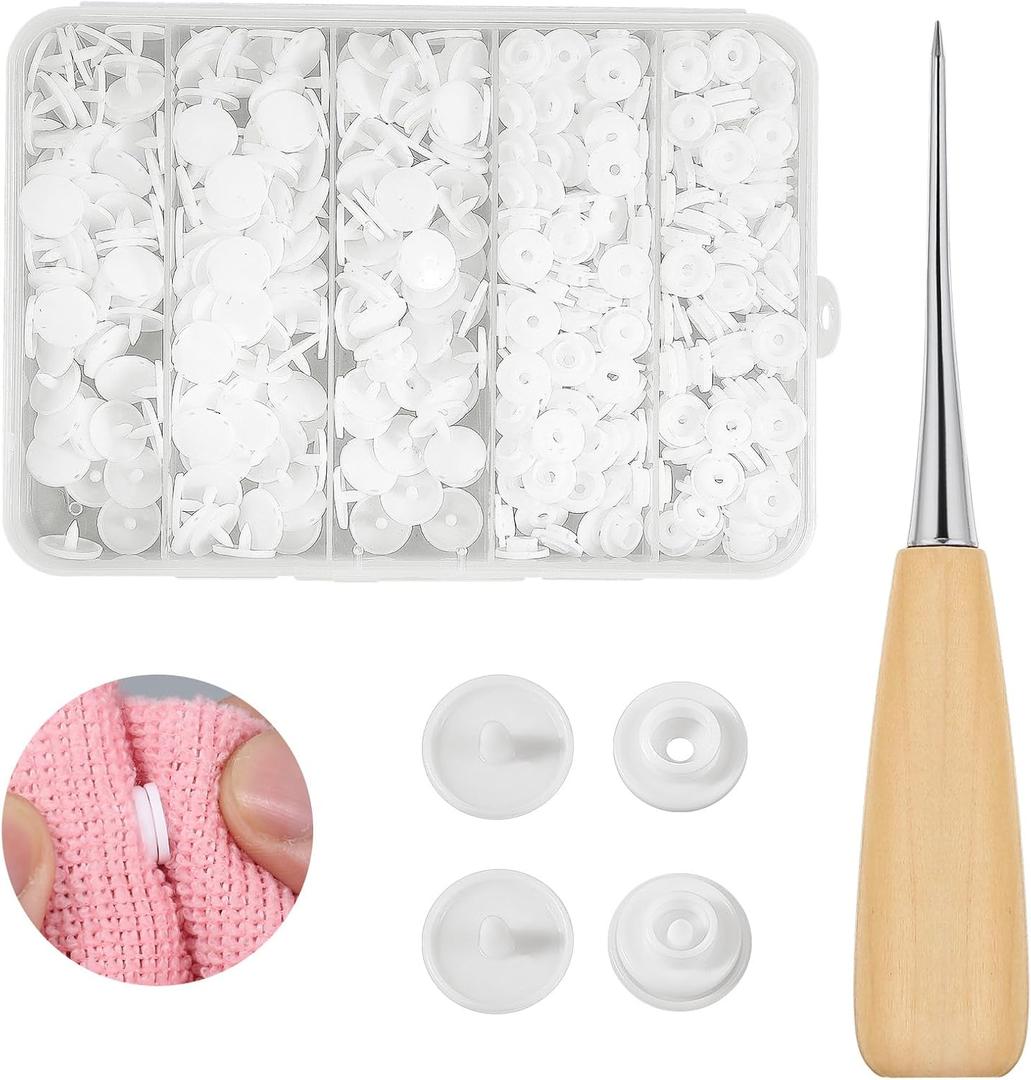 120 Sets T5 Plastic Snaps, White T5 Plastic Snaps for Fabric with Hook Awl, No-Sew Snap Buttons for Sewing Clothes, Diapers, DIY Handmade Crafts