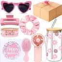 10 Pcs Birthday Gifts for Women, Teen Girl, Her, Happy Birthday Gift Set Ideas for Girl, Women, Friend, Sister, Daughter, Coworkers, Families, Cute Daisy Aesthetic Glass Cups Present Set(Pink)