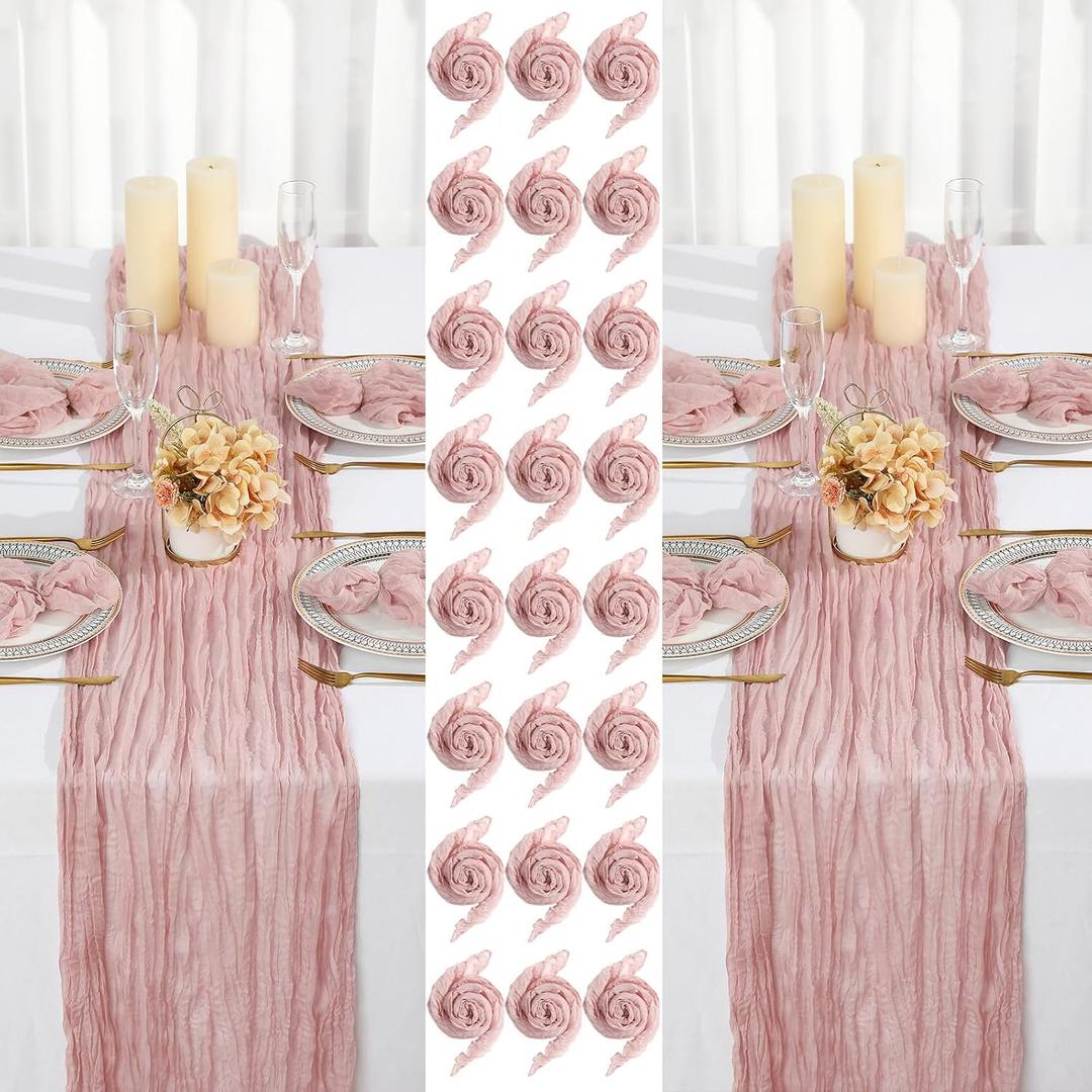 2 Cheesecloth Table Runners and 24 Napkins Set, 10Ft Boho Cheese Cloth Table Runners 20 x 20 Inch Rustic Wrinkled Gauze Napkins for Wedding Birthday Baby Shower Party Decor (Dusty Pink)