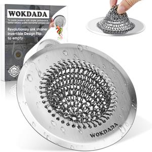 Revolutionary Kitchen Sink Drain Strainer/Patented Reversible Chain Mesh, Effortless Cleaning & Debris Catcher, Large Capacity, Anti-Clog, 304 Stainless Steel & Rust-Proof/Handmade (Silver)