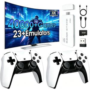 2026 New Retro Game Console,40000+Games and 23 Emulators, with Dual 2.4G Wireless Controllers, Plug and Play 4K HD HDMI TV Game Stick (128GB) White