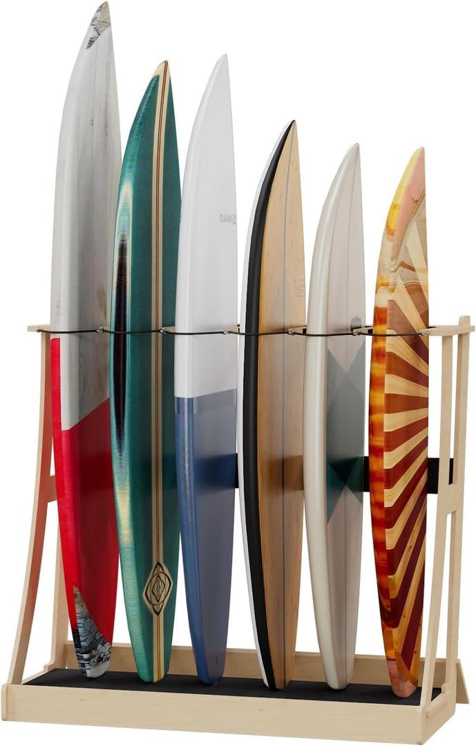 6-Board Surf Rack - Durable Wood Stand with Soft-Touch Foam Protection - Minimalist Design for Indoor Surfboard Storage, 43.3*45.6*15.7