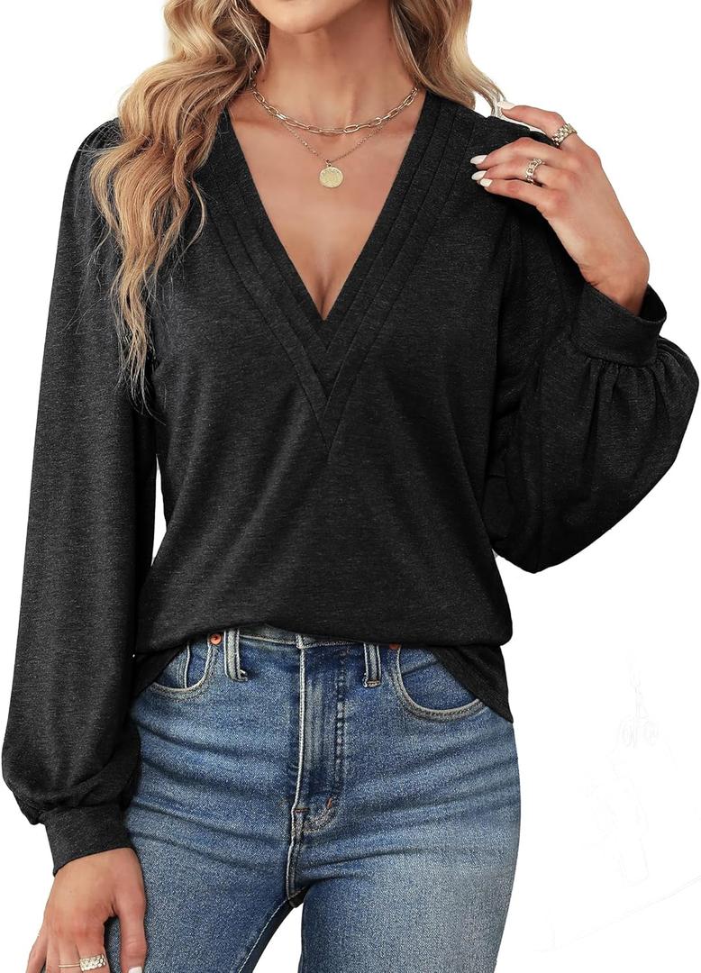 Agnes Urban Womens V Neck Long Sleeve Tops Dressy Casual Fall Shirts Puff Sleeve Loose Tunic Trendy Tops Blouses, Medium, Black