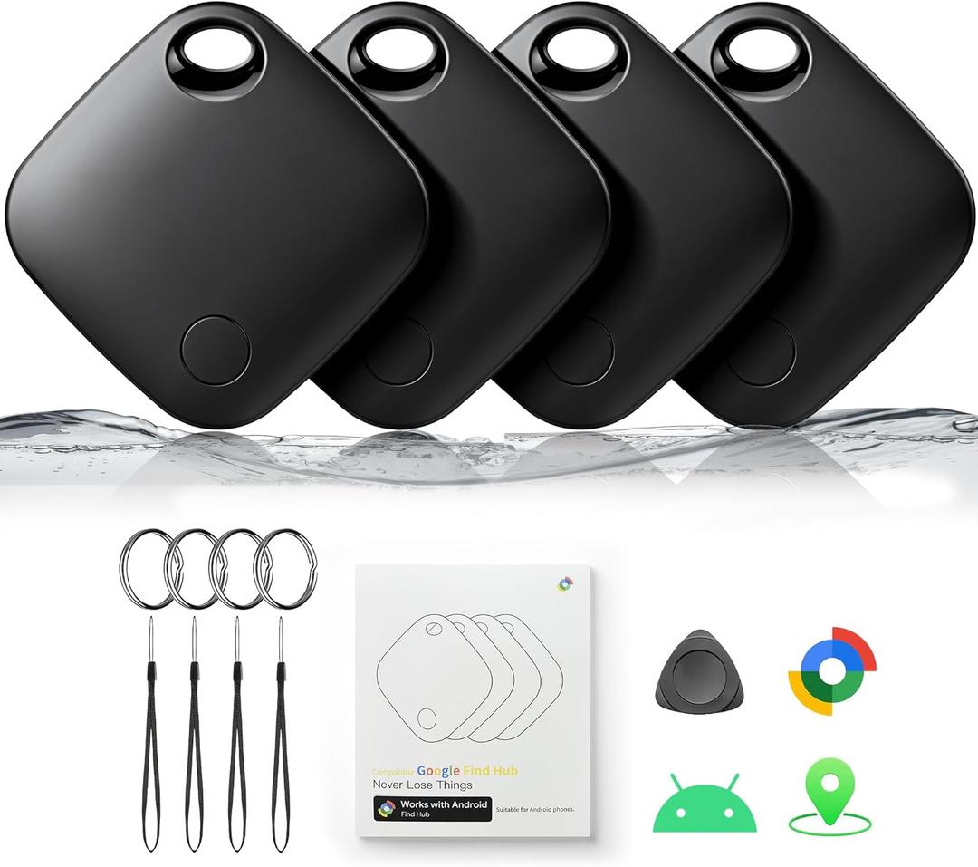 Air Tracker Tags-4 Pack for Android, Bluetooth Tracker Works with Googles Find Hub | Android Only | Replaceable Battery | Water- Resistance | Item Finder for Luggage, Wallet, Key,Suitcases