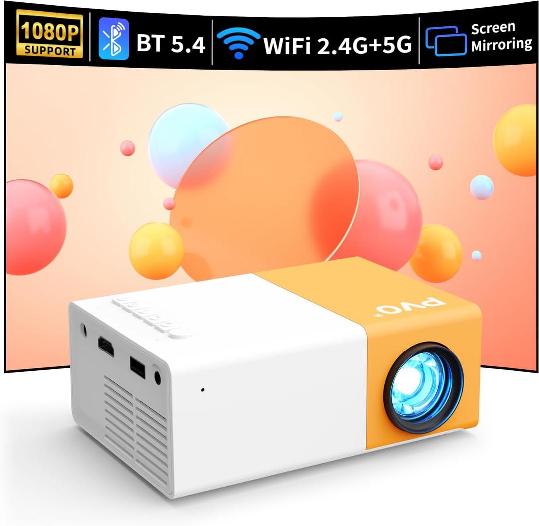PVO Mini Projector WiFi Portable Movie Projector 1080P, Phone Screen Can Be Mirrored to Video Projectors via WiFi, Compatible with Smartphone/Tablet/Laptop/TV Stick/PS/Type-C/USB Drive