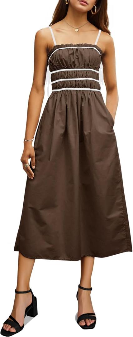 Wenrine Women Summer Spaghetti Strap Dress Sleeveless Tie Smocked Sundress A Line Vacation Beach Midi Dresses (Brown)
