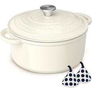 Umite Chef Enameled Cast Iron Dutch Oven-7QT Pot with Lid Cookbook & Cotton, Heavy-Duty Cookware for for Bread Baking, Braising, Stews, Marinate, Cook(Cream White)