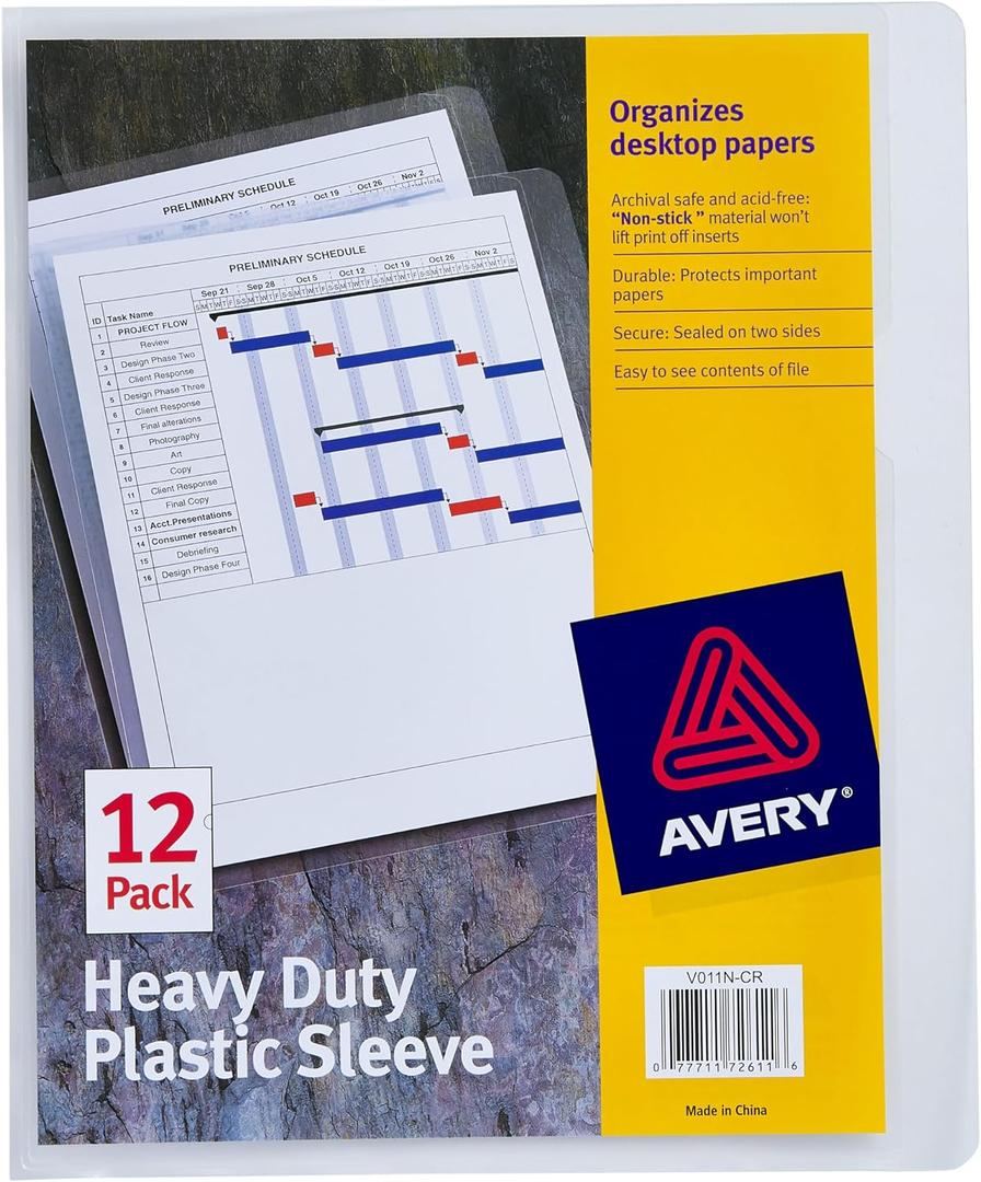 Avery Heavy Duty Plastic Document Sleeves, Holds up to 25 Sheets, 12 Clear Sleeves (72611)