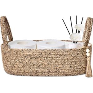 ABenkle Small Storage Basket for Toilet Tank Top - Jute Rope Woven Organizer with Handle, Boho Countertop Bathroom Decor, Toilet Paper Holder, 13x6x4 Inch