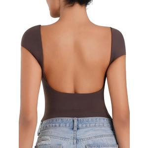 Sunzel Open Back Tops for Women Sexy Going Out Top Double Lined Backless Shirt Y2K Crop Basic Tee Shirts for Casual Workout (Brown, L)