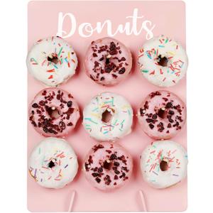 Donut Stand for Party, Donut Wall Holders for Table, Reusable Wood Doughnut Pegboard for Baby Showers, Bridal Shower, Birthday, Wedding, Holds 9 Donuts (Pink)