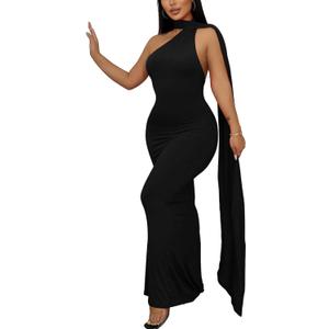 Sexy Elegant Evening Gown for Women Long Backless Formal Ball Gown Dress for Parties One Shoulder Maxi Cocktail Galas (Large, Black)
