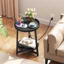 Round Industrial Side Table with Charging Station,2-Tier Round End Table with USB Port & Power Outlet, Nightstand with Metal Frame for Small Spaces, Living Room, Bedroom, Black, 15.75"D x 11.75"W x 23.03"H