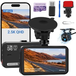 Dash Cam Front and Rear, Dash Camera for Cars WiFi/APP Control Dual Dashcam W/ 64GB Card, 2.5K Dash Cam Front+1080P Rear Car Camera W/Super Night Vision, Loop Recording, G-Sensor, Max Support 256GB