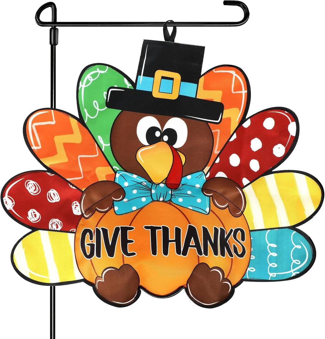 Thanksgiving Garden Flag Outdoor Decorations Turkey Yard Flag for Outside Double-Sided Printed, Large Fall Give Thanks Thankful Autumn House Banner Holiday Seasonal Decoration Pumpkin Maple Leaf (Blue Bow)