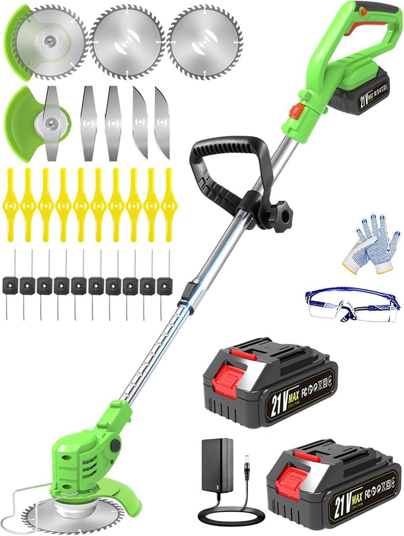 Electric Weed Wacker Cordless, 21V Battery Powered Weed Eater with 2X 2.0Ah Battery Operated and Charger, Lightweight 3 in 1 Weed Trimmer Lawn Edger Brush Cutter, Stringless Weedwacker for Garden Yard