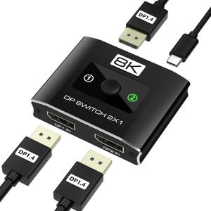 DisplayPort Switch 2 in 1 Out, 8K@60Hz DP 1.4 Switcher with DSC Support, 2 Computer One Monitor Switcher, 4K@144Hz Display Port Switch for Laptops, Computers, Desktop (DP Cables Not Included)