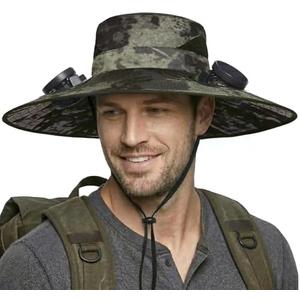 Solar Fan Hat, Wide Brim Sun Hat with 2 Built-in Solar Fans, UPF 50+ Sun Protection Outdoor Fishing Hiking Camping Beach, Ink Green, One Size