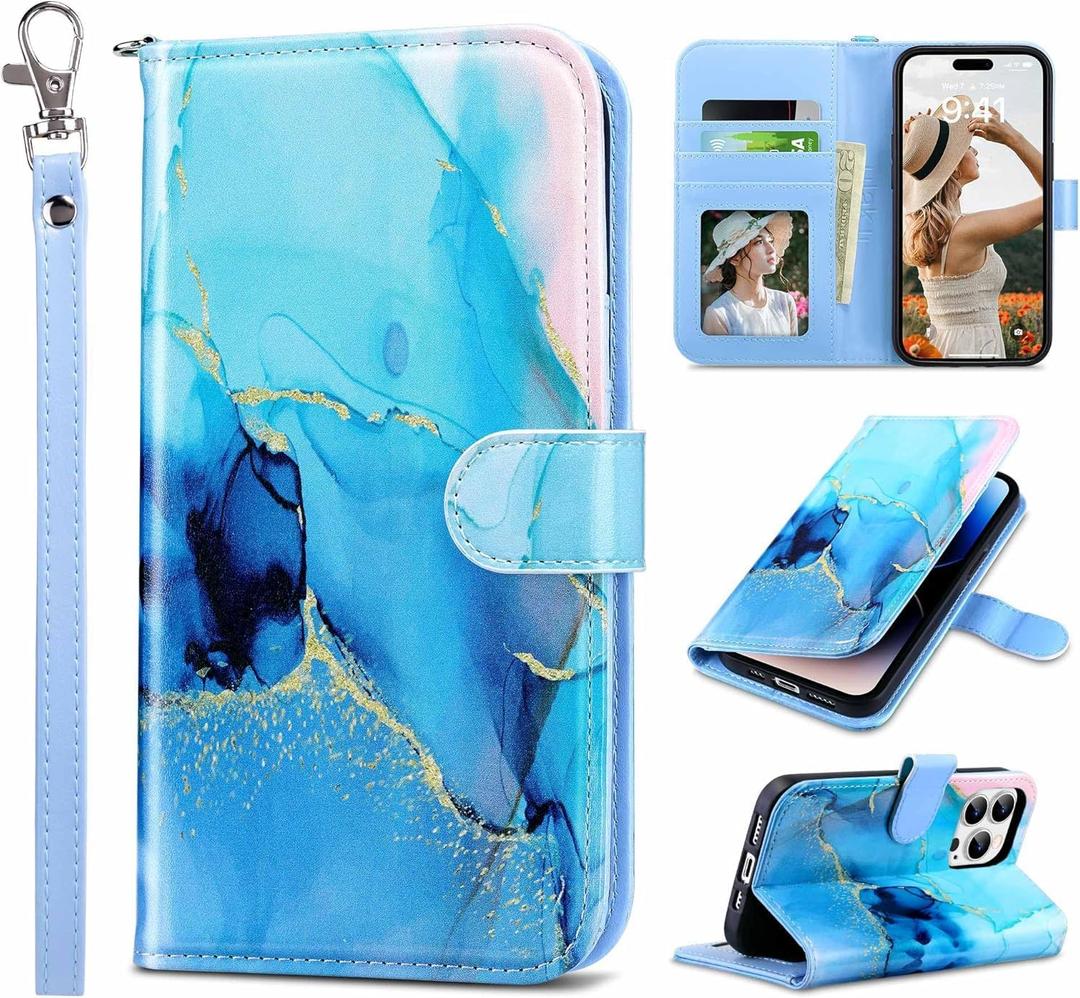 ULAK Compatible with iPhone 16 Pro Max Wallet Case with Card Holder, [RFID Blocking] PU Leather Case with Kickstand Card Slots Wrist Strap, Durable Shockproof Protective Cover 6.9 Inch, Marble