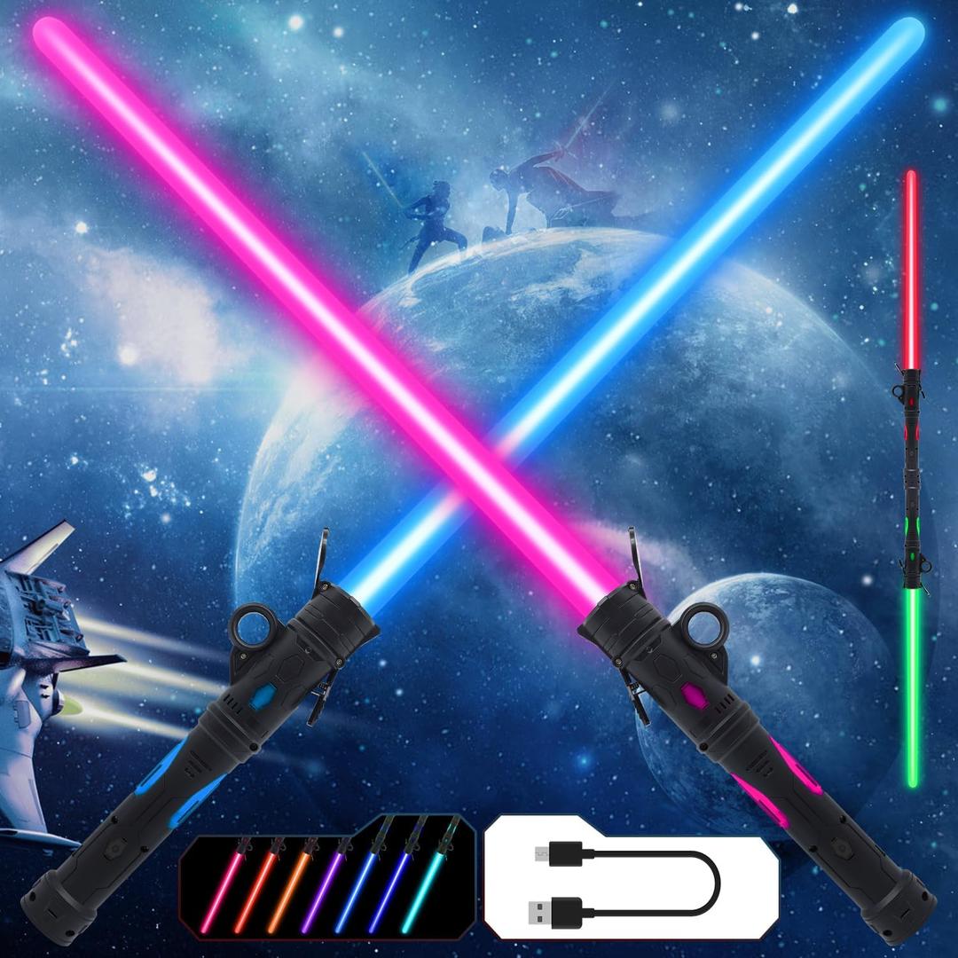 Gianby Light up Saber for Kids, 2-in-1 LED Dual Light Swords Set with 25 Color Changing Electronic Lights &3 Modes FX Sound, Rechargeable Light Sword Toy for Roleplay (2 Pack) (Black)