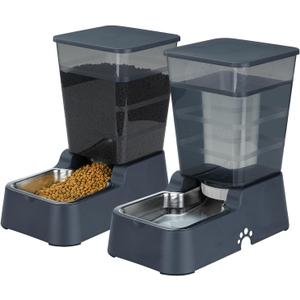 Automatic 5.4L/1.4Gal Pet Waterer, Automatic Dog Water Dispenser Gravity Stainless Steel Water Feeder, Large Capacity Feeding Bowls for Cats and Medium & Large-Sized Dogs (Black, Food+Water)