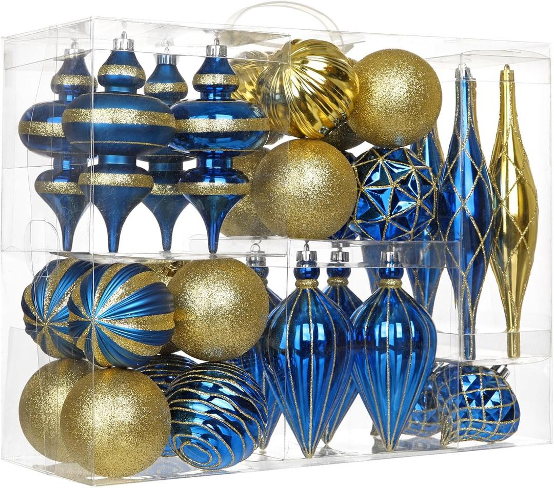 32PCS Christmas Ball Ornaments Set Large Shatterproof Plastic Decorative Baubles with Hand-Help Gift Boxes for Xmas Tree Wedding Party Holiday - Navy Blue, Gold