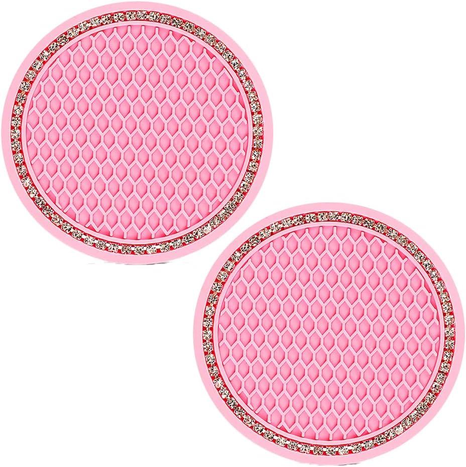 Cute Cup Holder Coasters Silicone Anti Slip Car Coasters, Cup Pads for Home Office, Universal Bling Crystal Rhinestone Car Interior Accessories Set of 2 (Pink)
