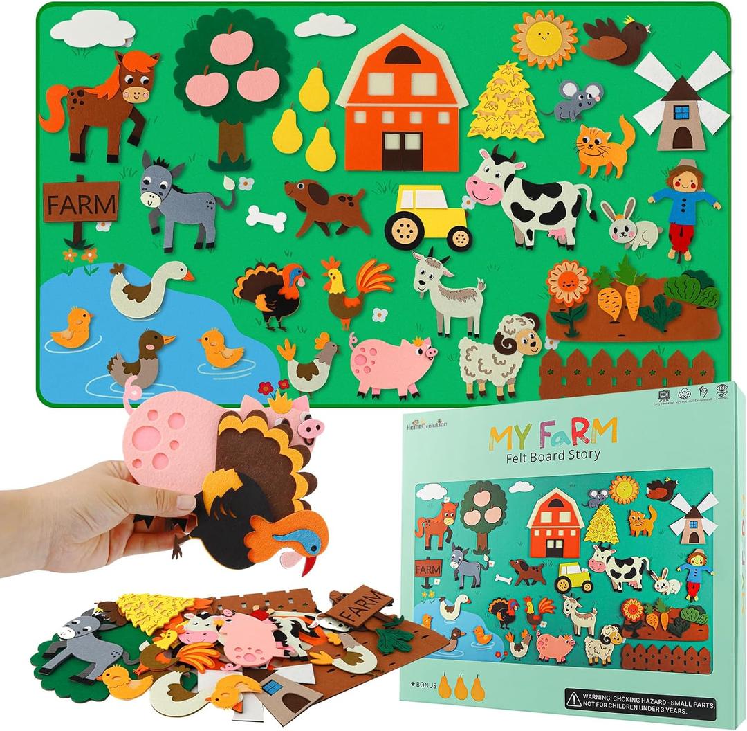 Farm Animals Felt Board Story Set for Toddlers, Preschool Learning Activity Kit with Sewn Hook Fasteners, Interactive Sensory Toys for Boys and Girls Birthday Gift - 4ft Flannel, 43 Pieces