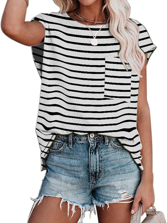 ANCAPELION Women’s Casual Summer Shirt Short Sleeve Round Neck T-Shirt Basic Tee Tunic Top Fit Loose with Pocket
 (Small)