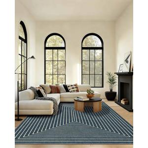 Latte&Fog 8x10 Area Rugs for Living Room, Large Modern Abstract Washable Rug, Boho Non Slip Low Pile Carpet for Indoor Bedroom Dining Room, Office, Dorm, Classroom, Farmhouse and Kids Room - Prussian Blue