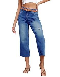 Women's Wide Leg Jeans High Waist Straight Leg Stretchy Ripped Jeans for Womens (12, Blue)