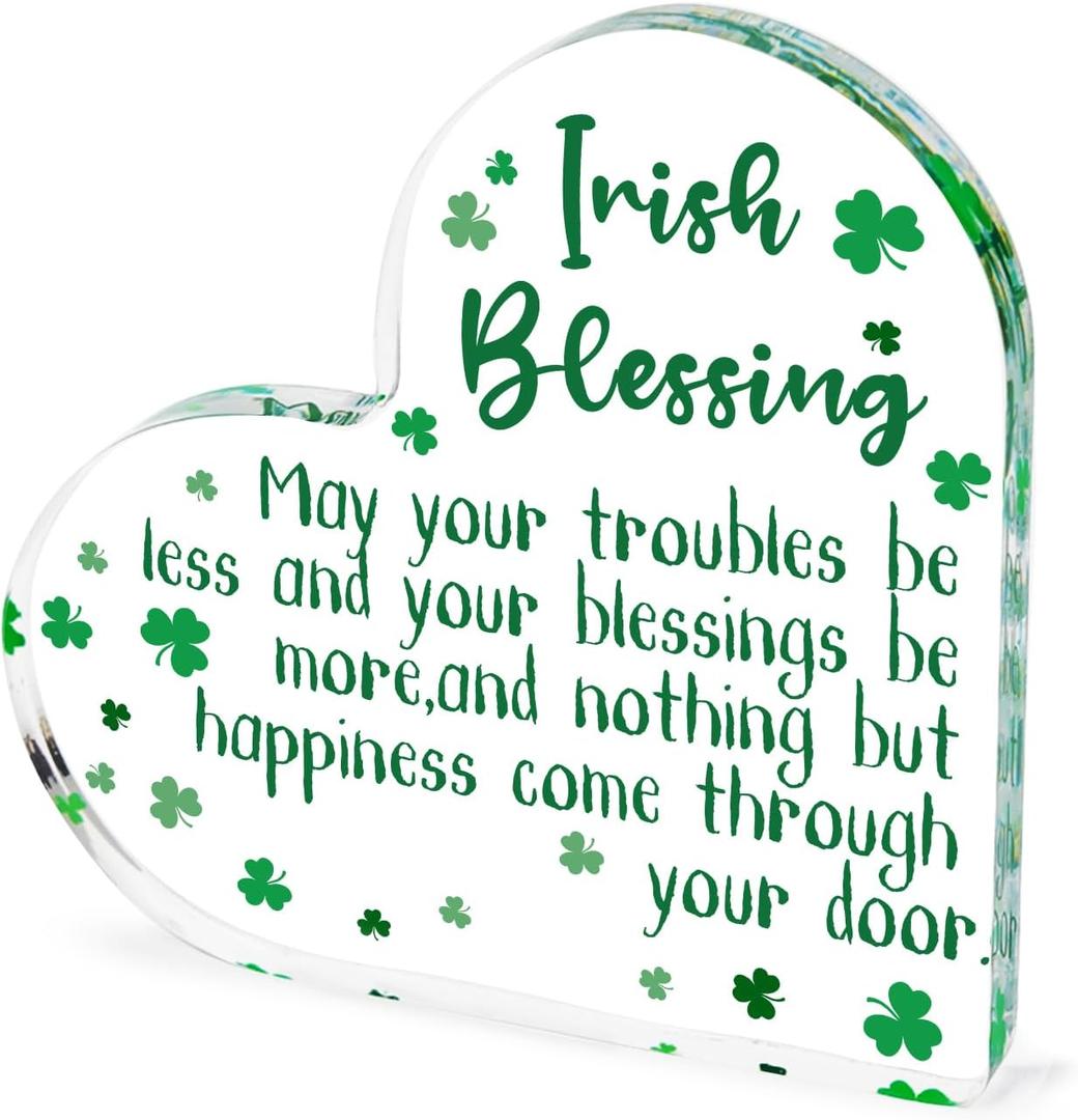 St. Patrick's Day Decorations Irish Blessing Shamrocks Heart Acrylic Plaque Seasonal Holiday Happy St. Patrick's Day Gifts for Women Sign Home Table Desk Mantle Shelf Decor