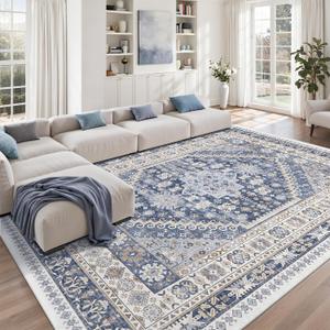 zesthome 9x12 Area Rugs,Stain Resistant Washable Rug,Ultra-Thin Rugs for Living Room,Bedroom,Non-Slip Backing Home Decor Large Area Rug (Blue/Beige,9'x12')