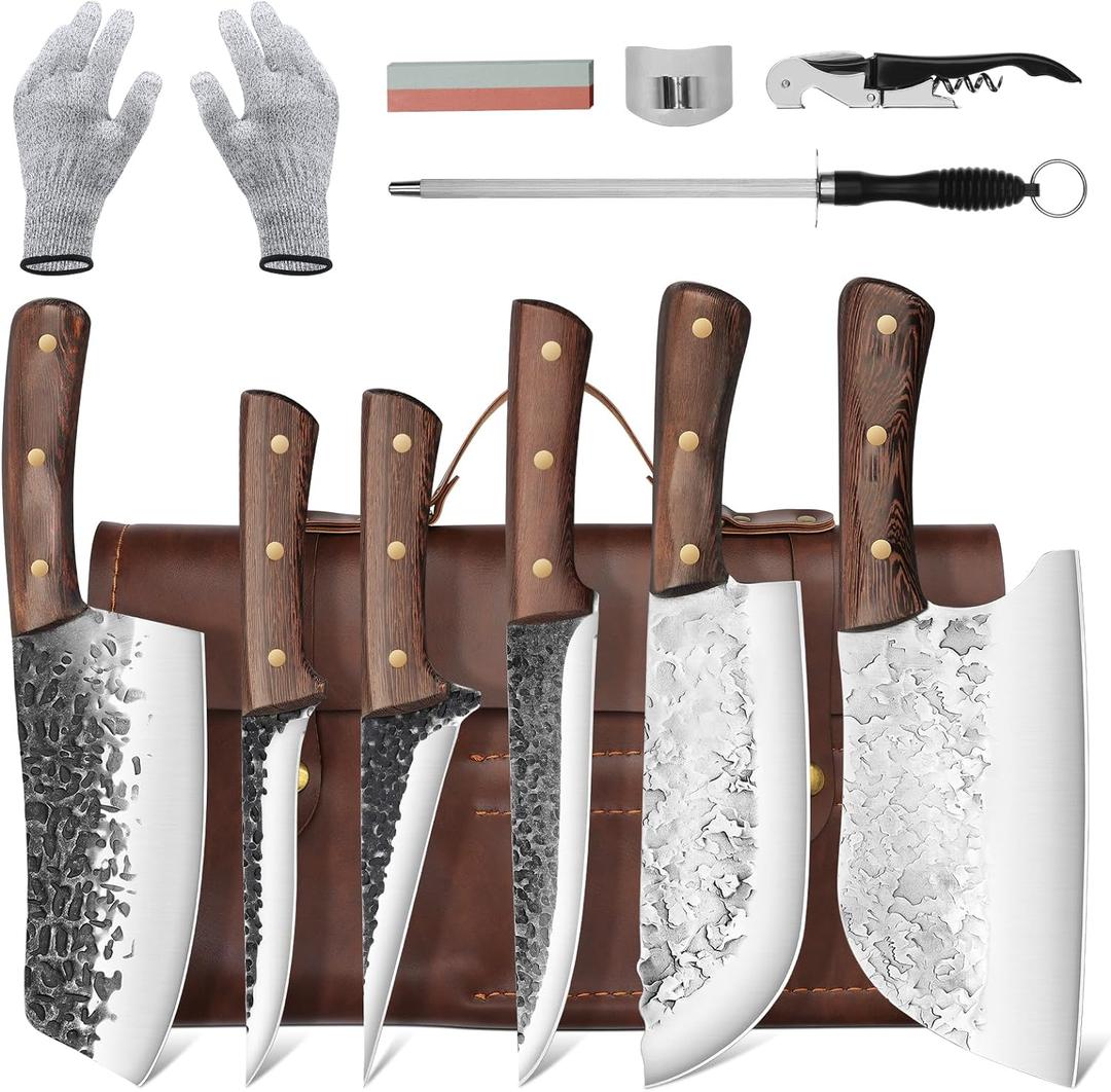 DRAGON RIOT Chef Butcher Knife Set for Meat Cutting with Roll Bag, 12 PCS Japanese Forged Chef Knives Set for Men and Women Gift for Men DRAGON RIOT Chef Butcher Knife Set for Meat Cutting with Roll Bag, 12 PCS Japanese Forged Chef Knives Set for Men and Women Gift for Men