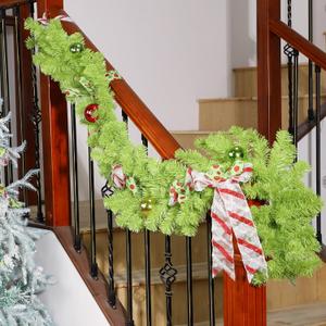 12 ft Bright Green Whimsical Christmas Garland Holiday Garlands Indoor Outdoor Christmas Greenery Garland Decoration for Stairs Fireplace Railing Mantel Front Door Porch(Not Include Ball, Bow)