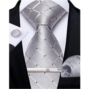 DiBanGu Mens Silk Necktie Solid Color Tie and Pocket Square Cufflink Tie Clip Set Woven Plain Ties for Men Wedding Party (Gray)