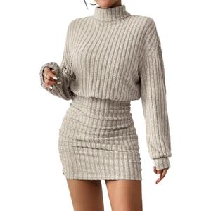 Women's Pullover Sweater Dress Long Lantern Sleeve Turtle Neck Cute Ribbed Knit Bodycon Mini Short Dress 2024 Fall (Small, Khaki)
