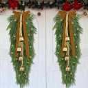 Fovths 2 Pieces 35.5" Christmas Teardrop Swag for Front Door with Brown Bowknot and Lights Artificial Norfork Pine Needles Greenery Swags Wreaths for Christmas Indoor Outdoor Decorations