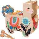 Manhattan Toy Musical Llama Wooden Instrument for Toddlers with Maraca, Clacking Saddlebags, Drumsticks, Washboard & Xylophone