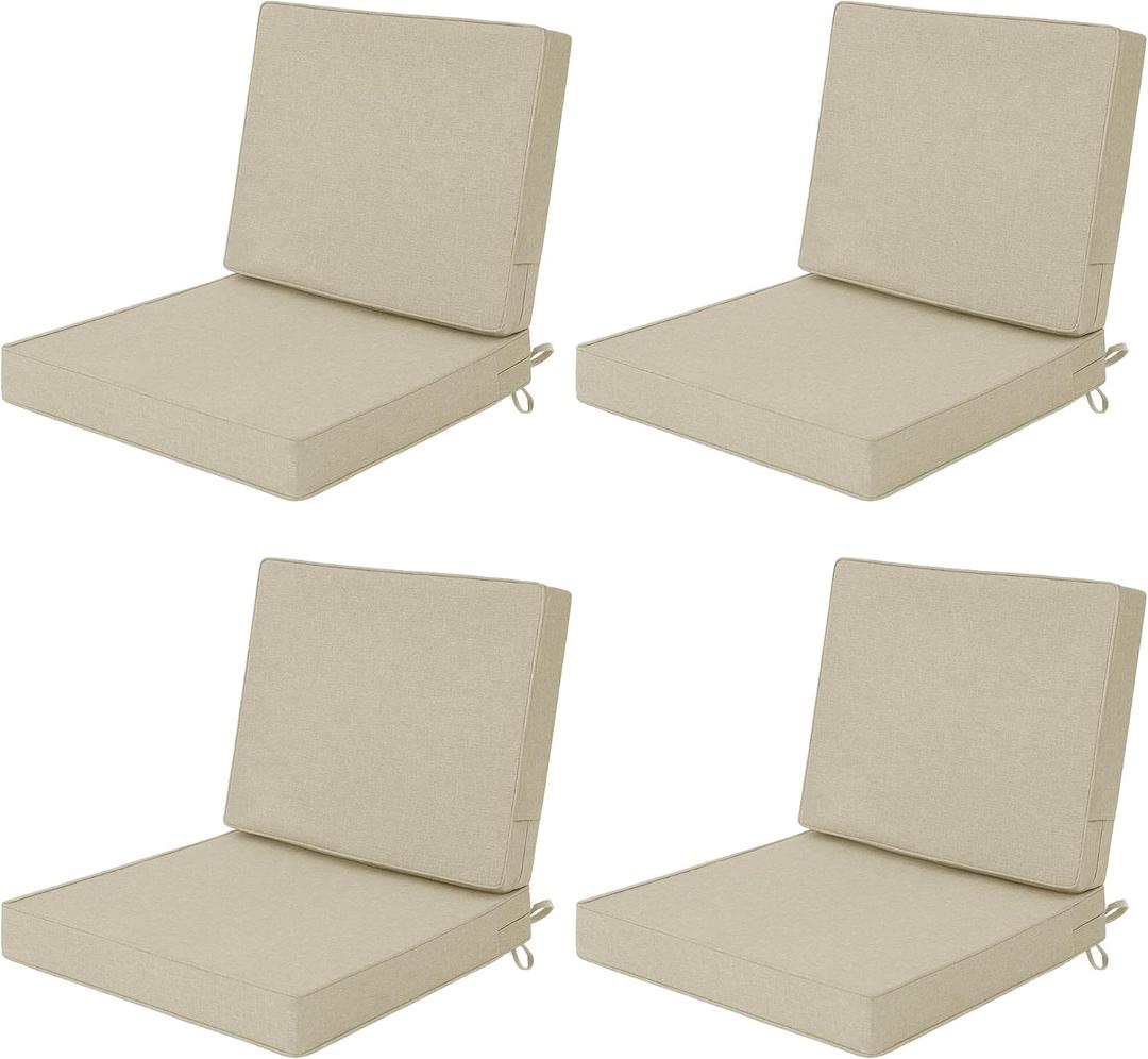 Outdoor Chair Cushions Set of 4, Water-Resistant & Fade-Resistant, Patio Furniture Deep Seat Cushions Replacement with Back, Non-Slip Bottom, Removable Cover, 24 x 24 Inch, Beige