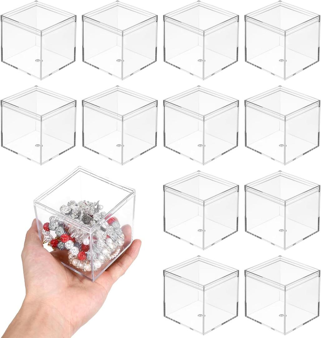 12 Pcs Clear Acrylic Plastic Small Acrylic Box with Lid Decorative Storage Box Jewelry Display Mini Clear Container for Home Candy Pill Tiny Jewelry, 3 x 3 x 3