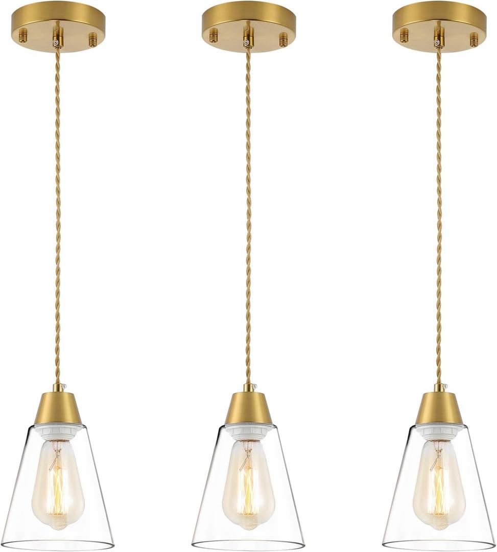 MWZ Gold Pendant Light 3 Pack,Brass Pendant Lights Kitchen Island, Dining Room Lamp Fixtures Over Table with Clear Glass Shade, Modern Mini Chandeliers,Adjustable Cord Hanging Lighting for Sink