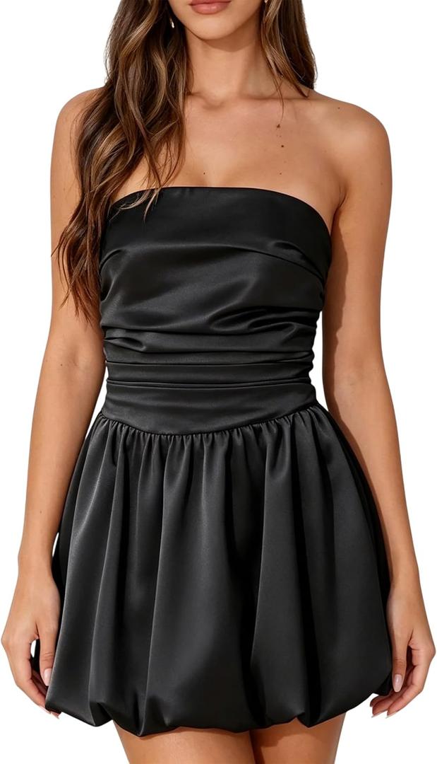 Women's Strapless Bubble Mini Dress Tube Top Ruched Bow Tie Back Party Cocktail Dresses (M)