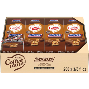Nestle Coffee mate Coffee Creamer, Snickers, Liquid Creamer Singles, Non Dairy, No Refrigeration, 0.375 fl oz Tubs (Pack of 200), Best By June 2026