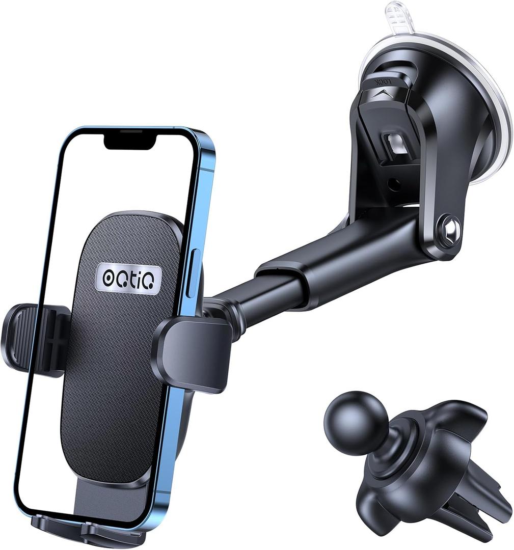 OQTIQ 3-in-1 Car Phone Mount  Dashboard, Windshield & Air Vent Holder with Strong Suction Cup, Adjustable Arm, 360 Rotation  Compatible with iPhone & Android Phones (Black)