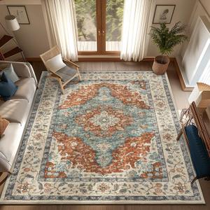 Topllen Washable Area Rug - Area Rug 6'x9' Boho Soft Living Room Rug, Non-Slip Large Area Rugs Indoor for Dining Room Livingroom Bedroom, Vintage Rug (Rust, 6x9ft)